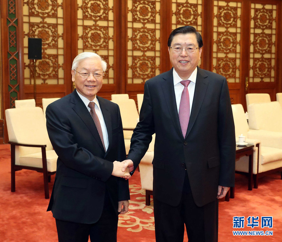 1月13日，中共中央政治局常委、全國人大常委會委員長張德江在北京人民大會堂會見越共中央總書記阮富仲。 新華社記者 劉衛(wèi)兵 攝