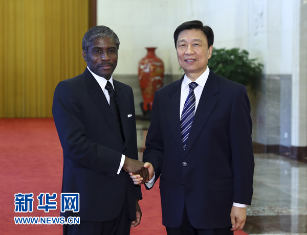 7月13日，中國(guó)國(guó)家副主席李源潮在北京人民大會(huì)堂與赤道幾內(nèi)亞副總統(tǒng)曼格會(huì)談。 新華社記者 謝環(huán)馳 攝