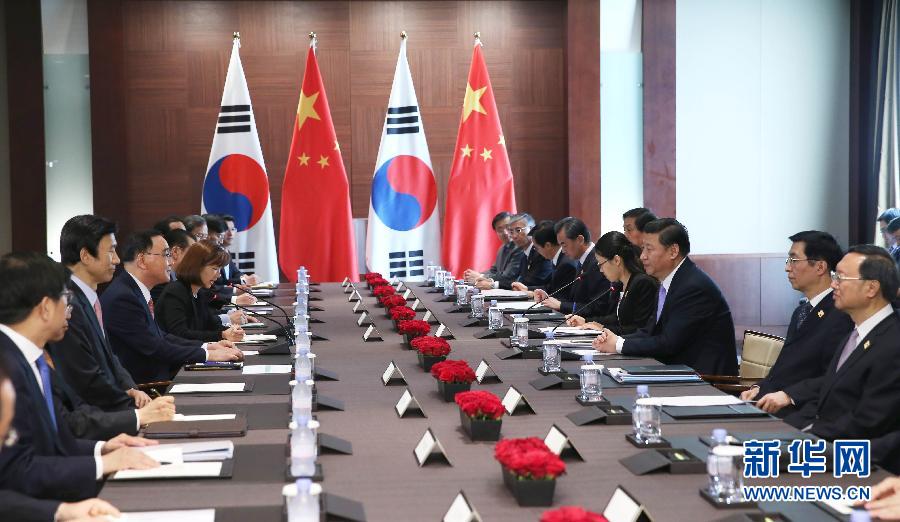 7月4日，國家主席習(xí)近平在首爾會見韓國總理鄭烘原。 新華社記者謝環(huán)馳攝 