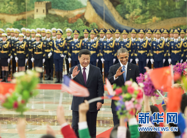11月12日，國家主席習(xí)近平在北京人民大會堂舉行歡迎儀式，歡迎美國總統(tǒng)奧巴馬對中國進行國事訪問。 新華社記者 黃敬文 攝