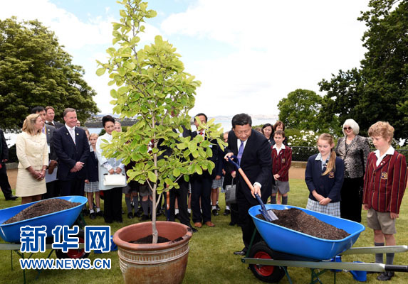 11月18日，國家主席習(xí)近平在澳大利亞塔斯馬尼亞州與朗塞斯頓市斯科奇－歐克伯恩小學(xué)的小學(xué)生共同植樹。新華社記者 饒愛民 攝