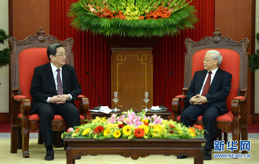 12月25日至27日，中共中央政治局常委、全國政協(xié)主席俞正聲對越南進(jìn)行正式訪問。這是12月26日，俞正聲在河內(nèi)會見越共中央總書記阮富仲。 新華社記者馬占成攝
