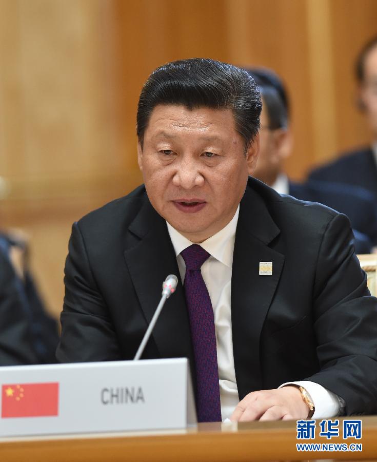 7月9日，金磚國(guó)家領(lǐng)導(dǎo)人第七次會(huì)晤在俄羅斯烏法舉行。中國(guó)國(guó)家主席習(xí)近平、俄羅斯總統(tǒng)普京、巴西總統(tǒng)羅塞夫、印度總理莫迪、南非總統(tǒng)祖馬出席。這是習(xí)近平發(fā)表題為《共建伙伴關(guān)系　共創(chuàng)美好未來》的主旨講話。新華社記者 饒愛民 攝 