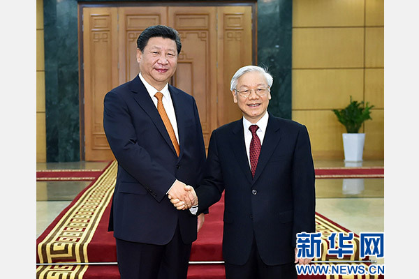 11月5日，中共中央總書記、國家主席習近平在河內同越共中央總書記阮富仲舉行會談。 新華社記者李濤攝