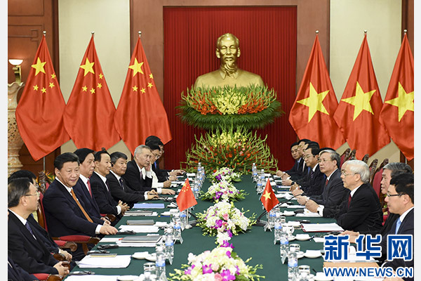11月5日，中共中央總書記、國家主席習近平在河內同越共中央總書記阮富仲舉行會談。 新華社記者李學仁攝